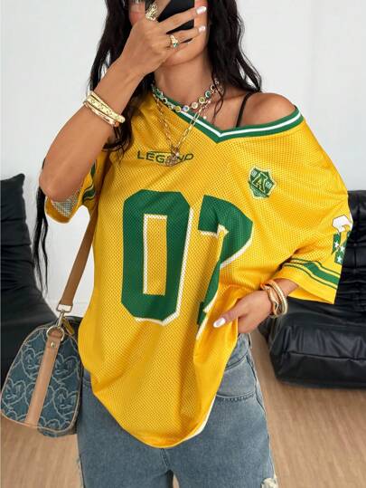 Coolane Women's  Summer Streetwear Couple Same Style Casual  Game Day Contrast Color V-Neck Oversized Numeric Print Jersey T-Shirt