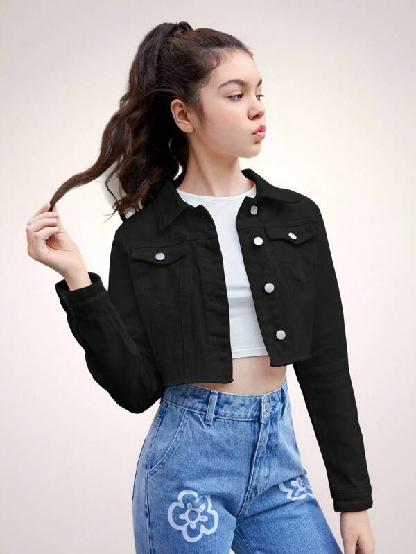 SHEIN Teen Girls Flap Pocket Crop Denim Jacket