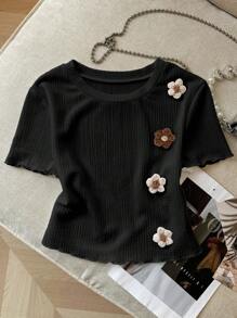 SHEIN Áo thun nữ tay ngắn họa tiết hoa trang trí đơn giản - màu đen - Xem 6