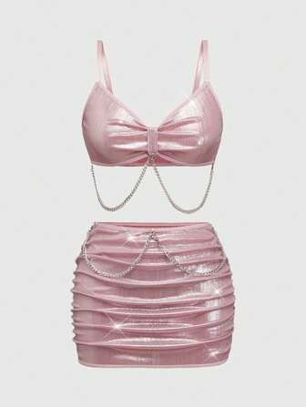Fairycore Summer Sexy Mermaid & Metallic Chain Decor Women Lingerie Set