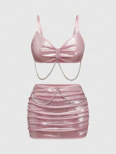 Fairycore Summer Sexy Mermaid & Metallic Chain Decor Women Lingerie Set, Rave