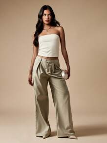 MISSGUIDED Pleated Wide Leg Dress Pants Professional Office Work Trousers Palazzo Style Business Formal Wear - Green - View 5