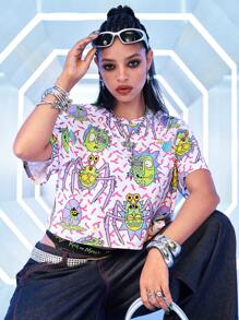 Rick and Morty X SHEIN Women's White, Green, Purple Cool Cartoon Pattern Loose Cropped T-Shirt, Casual Versatile Summer Top - Multicolor - View 7