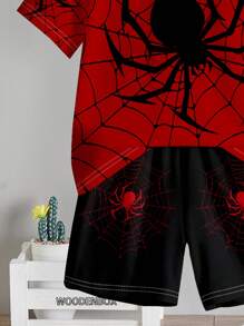 SHEIN Set de 2 piezas de camiseta de cuello redondo de manga corta con estampado de dibujos animados y pantalones cortos casual para niño pequeño, adecuado para el verano