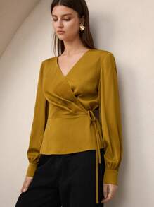 BizChic Women's V-Neck Tie Waist Long Sleeve Satin Blouse, Urban Commute Office Business Casual Elegant Lady Formal Shirt Top