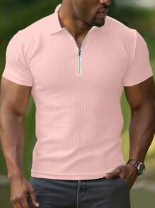 Manfinity Homme Camisa polo casual de manga corta con media cremallera, corte regular y rayas acanaladas para hombre