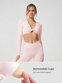 GLOWMODE FeatherFit™ Ready To Glow Long Sleeve Twist Front Open Back Removable Cups Crop Top Low-Impact Yoga Pilates Studio Daily Casual Wear