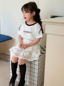 DAZY Set de 2 piezas de blusa de manga corta con estampado y cuello redondo + falda de tul con encaje, conjunto de ropa de verano para niñas