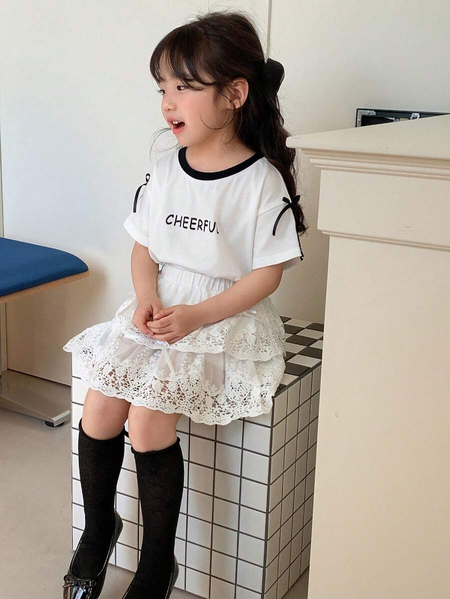 DAZY Set de 2 piezas de blusa de manga corta con estampado y cuello redondo + falda de tul con encaje, conjunto de ropa de verano para niñas