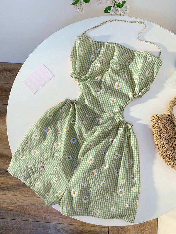 Comfortcana Mono veraniego informal para mujer con estampado de cuadros verdes y margaritas, de espalda descubierta