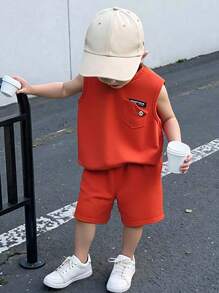 SHEIN 2pcs/Set Young Boy Cute Minimalist School Style Casual Sports Top And Shorts Set, Summer Summer Holiday - Burnt Orange - View 8