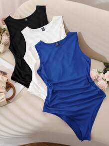 CosyJoli Paquete de 3 bodys básicos de verano sin mangas, de corte ceñido, de colores variados, cómodos y versátiles para uso diario, para mujeres de talla grande. Atuendos de verano para mujeres, blusas para salir, ligeramente transparentes - azul real - Ver 3