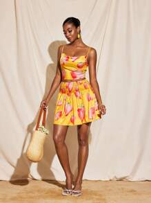 Becci Summer Fruit Printed Satin Smocking Waist Skater Skirt Women Vacation Skirt Casual Wear Summer Vacation Summer Skirt Vacation Woman Skirt Strawberry Print Strawberry Print Skirt