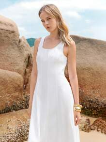 Lumivelle Vestido de suéter jeans feminino sem mangas, cor sólida, vestido camisola, moderno para o verão - Branco - Ver 7