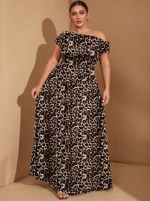 SHEIN BAE Plus Size Women's Asymmetrical Shoulder Full Leopard Print Maxi Dress Suitable For Going Out Chic Dress - Multicolor - View 1