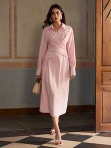 ZEYLAH Vestido camisa de manga larga convertible de lino con cuello