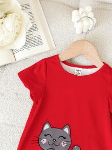 Babygirl 可爱红色卡通图案短袖连衣裙，春夏 - 紅色 - 查看 7