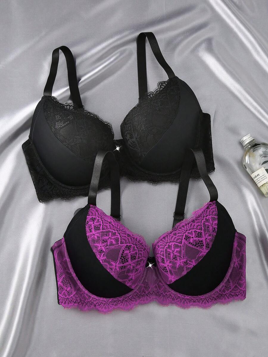 Bare Chapter 2pcs/Set Plus Size Women's Wedding Lace Patchwork Minimalist Underwire Bra With Padding, Adjustable, Lift - Multicolor - View 1