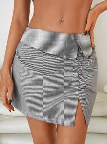 Roylia Women Striped Pattern Side Slit A-Line Mini Skirt - Brown - View 1