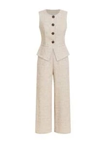 Ellevyn Lus Size Flax Elegant Fashion Women's Single-Breasted Vest And Pants Casual 2 Pieces Set, Suitable For Commute,Old Money Style Women,Business Casual Woman,Teacher Outfits For Women,Teacher Outfits For Women,Back To School Clothes,Office Outfits For Women,Lounge Sets For Women,Work Clothes Women,Button Up Shirt Women,Teacher Shirts,Work Outfits For Women,Teacher Outfits,Work Pants,Modest,Classy,Work Tops,Summer Outfits For Women - Apricot - View 8