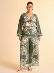 CAJUNI Plus Size Women's Boho Green & Beige Tropical Plants Retro Print Deep V-Neck Lantern Sleeve Tie Front Blouse, Vacation Casual Beach Long Sleeve Cropped Top - Multicolor - View 3