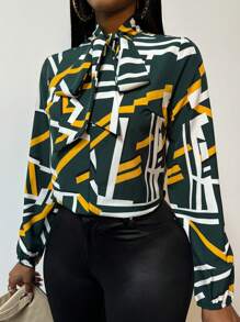 SOLERSUN Geo Print Tie Neck Blouse,Long Sleeve Tops - Multicolor - View 4