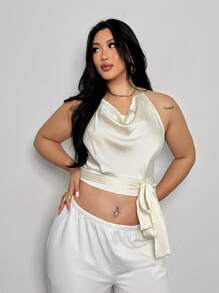 Firerie Plus Size Women's Spring Elegant Romantic Fashion Office Sexy Stylish Casual Dress Suitable For Party, Vacation, Date, Wedding, Birthday, Draped Neck Backless Tie Front Blouse - Apricot - View 7