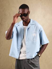 SUMWON La Casa Pozzello Summer Bowling Shirt Italian Luxury Streetwear Sant Agnello Collection Short Sleeve Button Down Palm Resort Wear Casual - Baby Blue - View 5