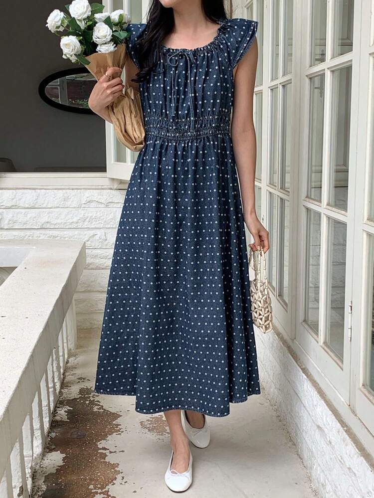 Women's Frill Waist Polka Dot Casual Denim Dress, Elastic Waist Cute Girl Summer Dress