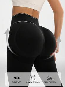 Easithlete 女士纯色弹力休闲夏季运动紧身裤瑜伽裤 - 黑色 - 查看 2