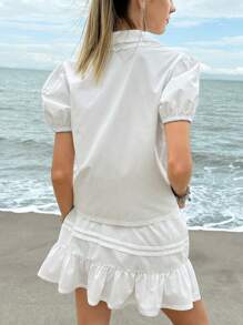 Jouncy 2pcs/Set Women Lace Trim Blouse And Mini Skirt Set, Casual And Feminine - White - View 3