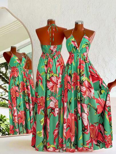 Flirla Bohemian Style Printed Spaghetti Strap Beach Dress