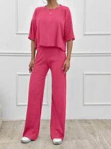 SHEIN Tall Cotton Simple Summer Solid Loose Drop Shoulder Short Sleeve Top And Straight Pants - Hot Pink - View 4
