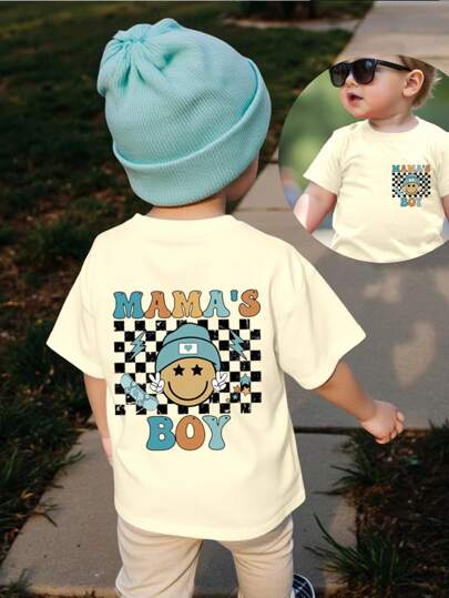 SHEIN Playful Pals Baby Boy Casual Cute Checkered Face "MAMA'S BOY" Letter Print Short Sleeve Round Neck T-Shirt, Summer