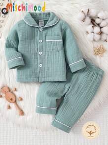 SHEIN 2pcs Newborn Baby Solid Green Soft Muslin Collared Shirt And Casual Pants Pajama Set