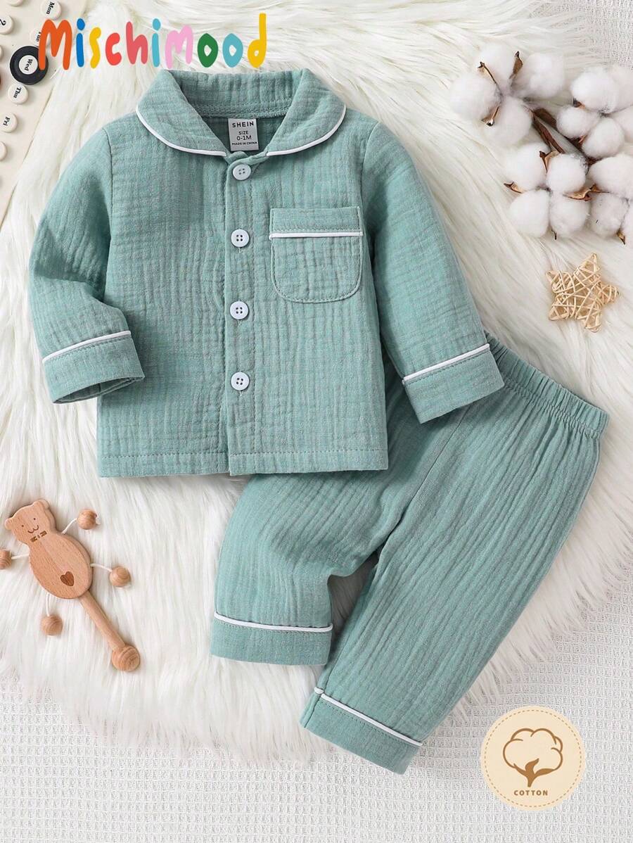 SHEIN 2pcs Newborn Baby Solid Green Soft Muslin Collared Shirt And Casual Pants Pajama Set