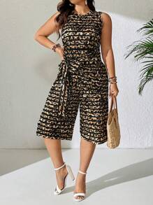 Calvaya Plus Size Soft Knit Leopard Stripe Print Round Neck Sleeveless Bowknot Waist Wide Leg Capri Pants,Summer,Tie Dye,Smart Casual,Everyday Women Clothes - Multicolor - View 5