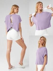 GLOWMODE Camiseta corta de manga corta oversize de modal con escote en la espalda para yoga de bajo impacto y uso diario casual - Bruma de Lavanda - Ver 7