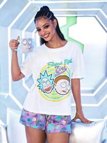 Rick and Morty X SHEIN Set di t-shirt a maniche corte con scollo tondo e pantaloncini con motivi a cartoni animati, outfit estivo