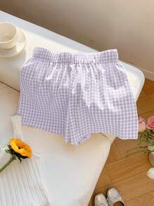 Comfortcana Lila karierte Weit-Bein Hose in Große Größen, locker geschnitten, Lässig & Urlaubsstil für den Sommer