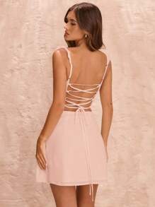 SHEIN BAE فستان أبيض قصير شيفون بظهر عاري وتفصيل ربطات، فستان أبيض للنساء، مناسب للربيع والصيف