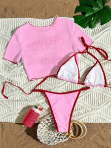 Swim Mod 3pcs Women Summer Beachwear Set: Cherry & Letter Graphic Spaghetti Strap Bikini Set With Sheer Mesh Chiffon Loose Cover Up T-Shirt Top
