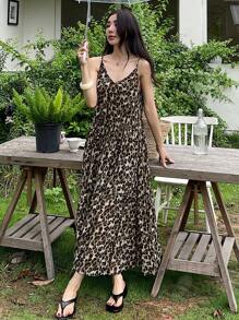 DAZY Women's Peasant Style Leopard Print Slip Dress - Brown - View 5