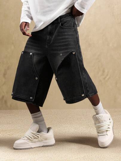 SUMWON 阔腿木匠牛仔短裤宽松版型及膝拼接牛仔短裤工装夏季休闲街头风格