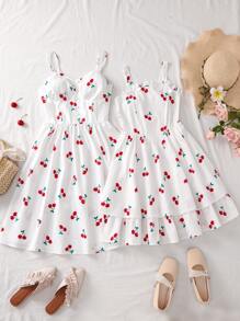 Vestido de mujer con tirantes finos en color blanco con estampado de cerezas, de estilo dulce y lindo, apropiado para uso en primavera y verano, de moda, ideal para citas, salir con amigos y ocasiones casuales - Blanco - Ver 1
