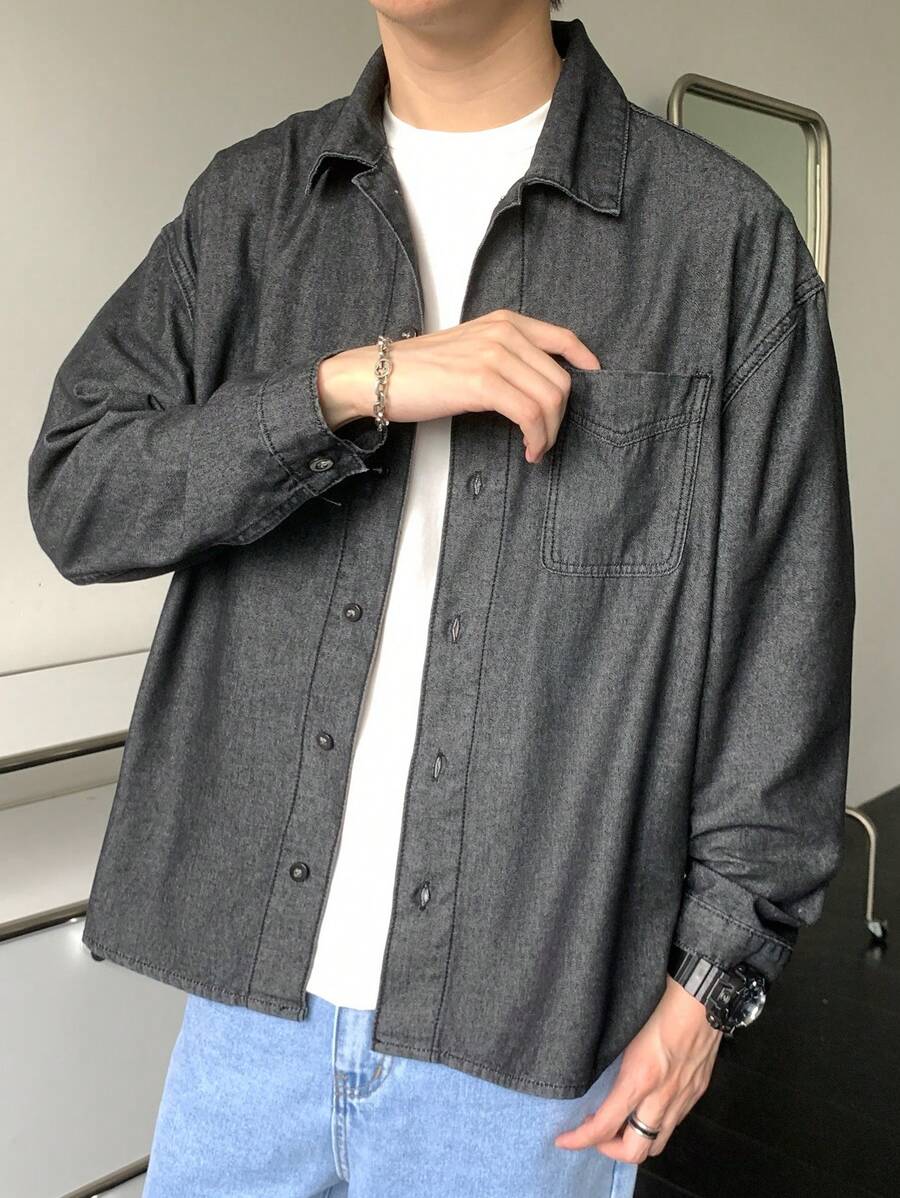 SHEIN Teen Boy Fashion Casual Y2k Vintage Basic Simple Comfortable And Breathable Button Up Black Long-Sleeved Lapel Denim Shirt For Soft Dailywear, Summer, Spring, Rave, Festival, Beach, Fall, Back To School, Old Money Style Streetwear Punk Winter