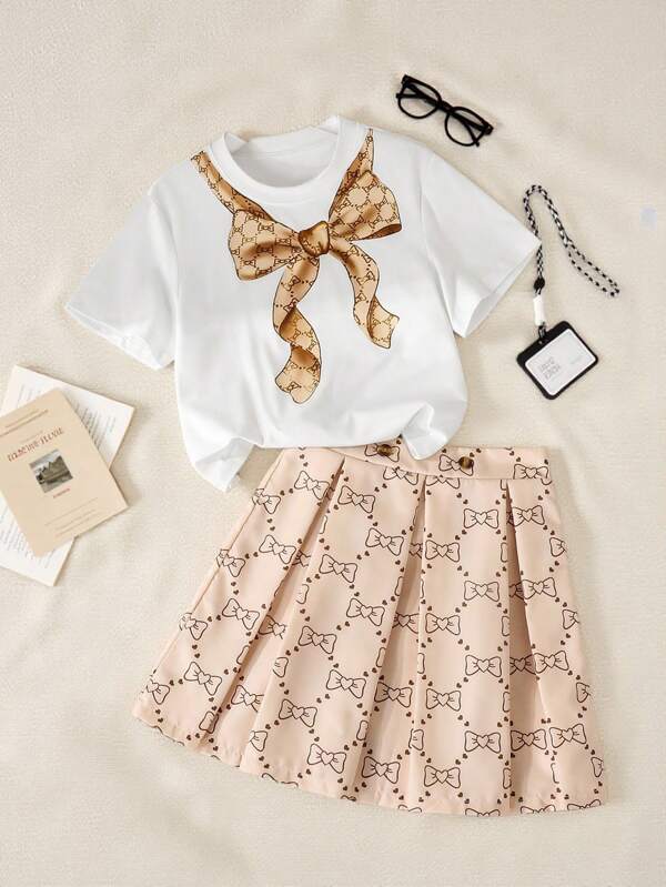 SHEIN Set 3 buc. pentru fete preadolescente, tricou casual cu design de fundă și fustă imprimată, elegant și la modă, potrivit pentru ținute de zi cu zi și activități în aer liber, primăvară/vară