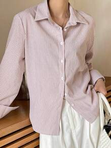 DAZY Women Vertical Striped Loose Fit Casual Long Sleeve Shirt, Summer