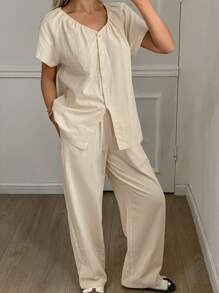 DAZY 简约纯色褶领设计女式家居服套装，返校服睡衣 - 白色 - 查看 4