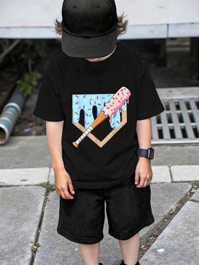 SHEIN Young Boy Casual Comfortable Fashionable Simple Ice Cream & Baseball Bat Print Short Sleeve T-Shirt, Spring/Summer